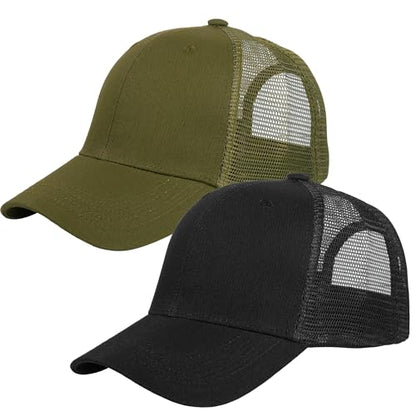 Falari Trucker Hat Baseball Cap Structured Plain Design 6 Panel, Adjustable Size - color: 2pk Black & Army Green