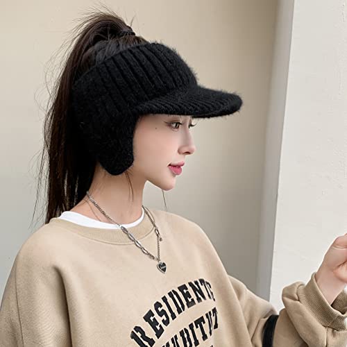 Open Beanie with Earflaps Visor Brim Bun Ponytail Winter Golf Tennis Hats Women - color: Black