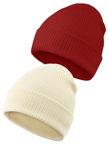 2 Packs Unisex Cotton Beanie Hats Winter Soft Warm Slouchy Knit Beanies Cuffed Skull Cap for Men Women - color: Beige, Burgundy