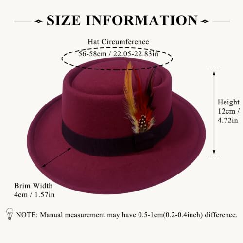 Classic Pork Pie Hat with Feathers Flat Top Fedora, Vintage Panama Hats, Warm Comfortable Jazz Cap - color: Dark Red