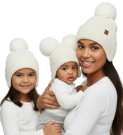 Funky Junque Mommy & Me Double Pom Beanies 3-Pack Matching Winter Hats for Mom, Toddler & Infant Girls, Cozy Knit Family Set - color: Ear Flap - Ivory