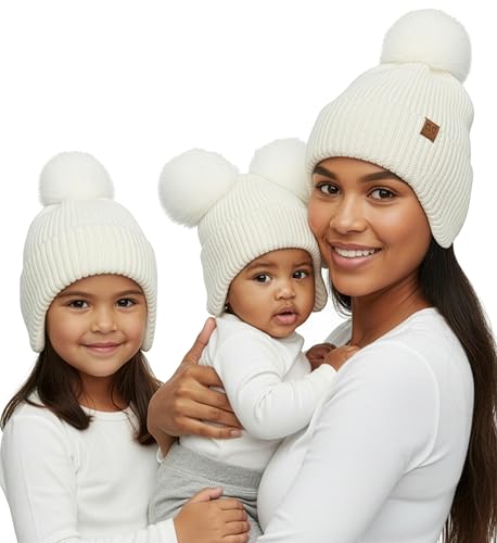Funky Junque Mommy & Me Double Pom Beanies 3-Pack Matching Winter Hats for Mom, Toddler & Infant Girls, Cozy Knit Family Set - color: Ear Flap - Ivory