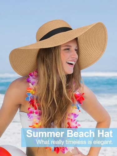 Floppy Sun Hats for Women, Summer Wide Brim Straw Beach Hat - color: Khaki, size: X-Large