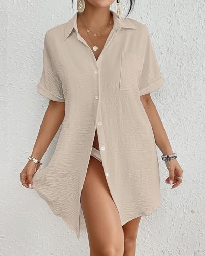 Bsubseach Women Swimsuit Coverup Shirt Dress Button Down Bathing Suit Cover Up Beach Vacation Outfits - color: Beige, size: X-Small
