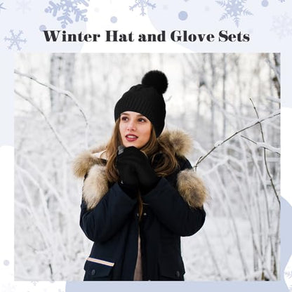 Womens Winter Fleece Lined Knitted Beanie Hat Glove Set, Warm Pom Pom Beanie Knit Cap Touchscreen Gloves for Women - color: Black