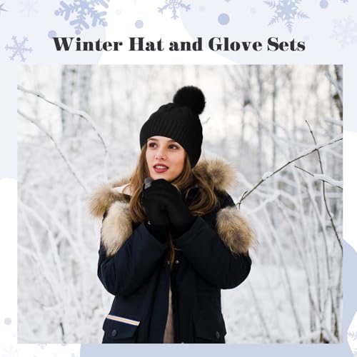 Womens Winter Fleece Lined Knitted Beanie Hat Glove Set, Warm Pom Pom Beanie Knit Cap Touchscreen Gloves for Women - color: Black