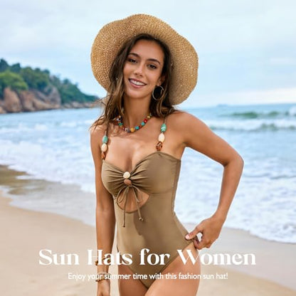 Beach Sun Straw Hats for Women Floppy Wide Brim UV Packable Summer - color: Khaki