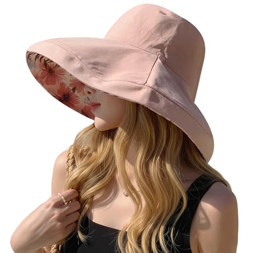 Women Bohemian Reversible Sun Hat Wide Brim Fishing Hats - color: Pink Boho Print