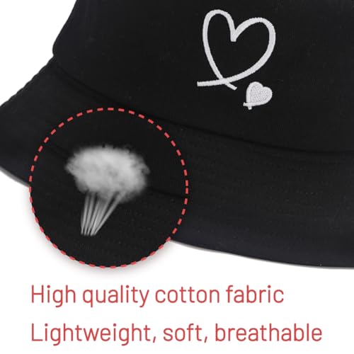 Cotton Bucket Hat for Women Men Summer Travel Sun Beach Bucket Cap, Unisex Outdoor Fisherman Hat - color: Love Black 2