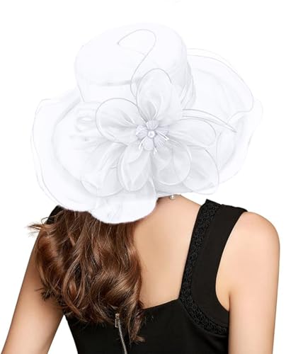 Organza Fascinator Hat - Women’s Wide Brim Church Bridal Tea Party Wedding Hat - color: 02a-white