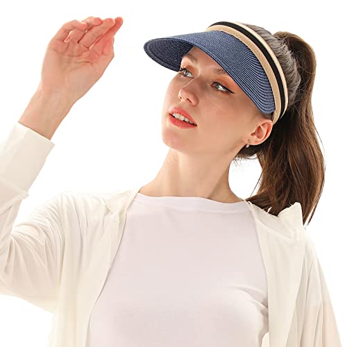 Women Summer Sun Hat Lady's Portable Beach Visor Bowknot Straw Hat - color: Navy