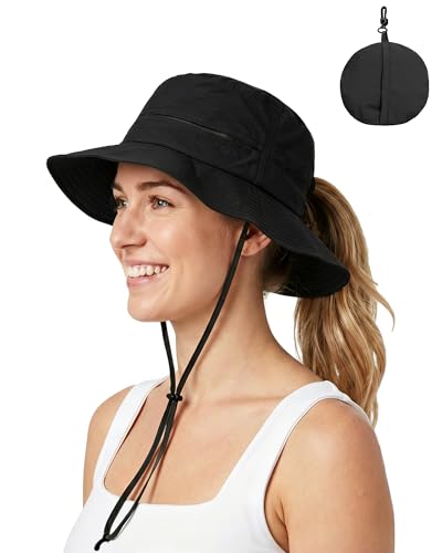 Womens Ponytail Sun Hat UPF50+ Waterproof Bucket Hat Packable Beach Hat - color: Black
