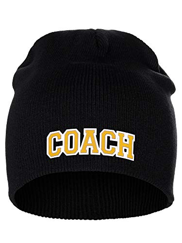 I&W Sports Team Coach Arch Letters Winter Knit Cuffless Beanie 3D Raised Layers - color: Black Beanie White Gold