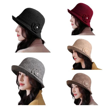 Crochet Bucket Hat for Women, Winter Flower Knitted Cap - color: Black