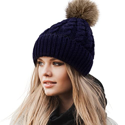 Livingston Women's Winter Soft Knit Beanie Hat with Faux Fur Pom Pom Warm Skull Cap Beanies for Women - color: Fleece Lined_navy