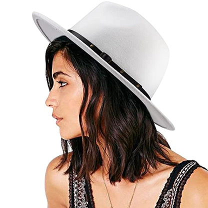 DRESHOW Women Classic Felt Fedora Wide Brim Floppy with Belt Buckle Panama Hat - color: 1 Pc Felt Fedora: White