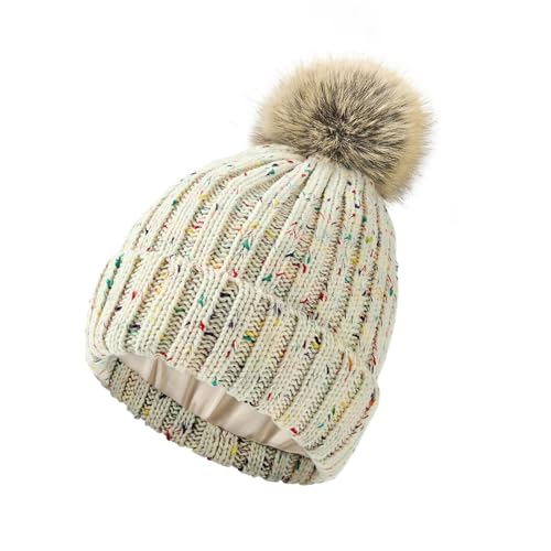 Satin Lined Beanie for Women Knit Winter Hats Silk Lined Womens Beanie with Detachable Pom Pom - color: Beige Mix