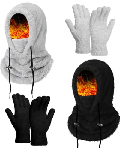 4 Pcs Winter Fleece Balaclava Ski Mask Glove Men Women - color: Black and Grey
