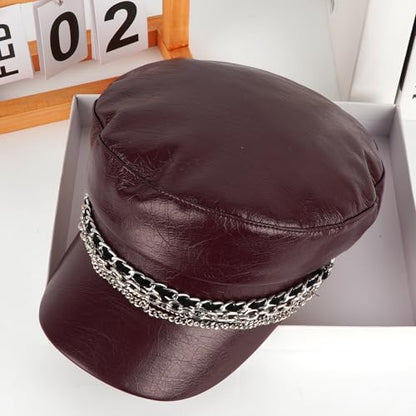 Women Metal Chain Flat Top PU Leather Newsboy Paperboy Hat Painter Cap - color: Chains Brown Red