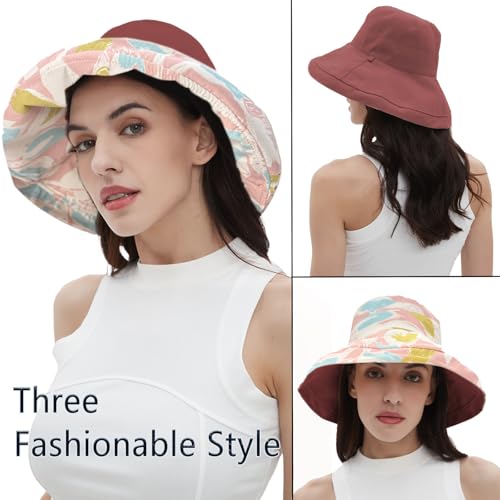 vidsel Womens Sun Hats Wide Brim Reversible Bucket Cotton Hat with Hat Clip - color: Wine Red2, size: Medium