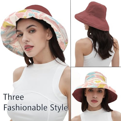 vidsel Womens Sun Hats Wide Brim Reversible Bucket Cotton Hat with Hat Clip - color: Wine Red2, size: Medium