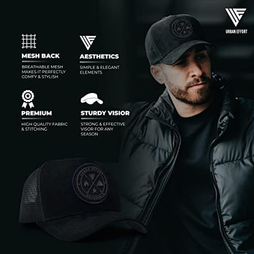 Urban Effort Trucker Hat for Men & Women, Mesh Back Baseball Cap, 5 Panel - color: Black/Black, style: Mesh Back