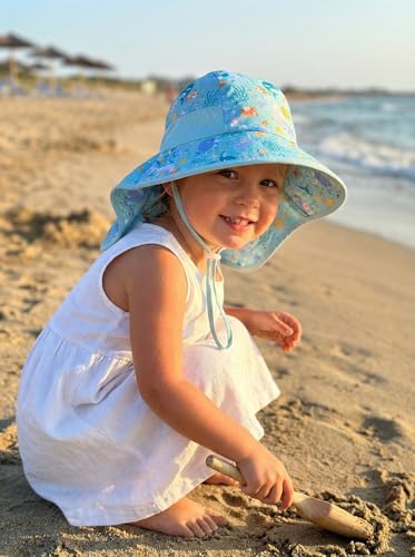 icolor Kids Sun Hat UPF50+ Sun Protection Bucket Hat Toddler Summer Beach Play Hats with Neck Flap for Girl Boy Ages 3~10 - color: Cartoon Sea World