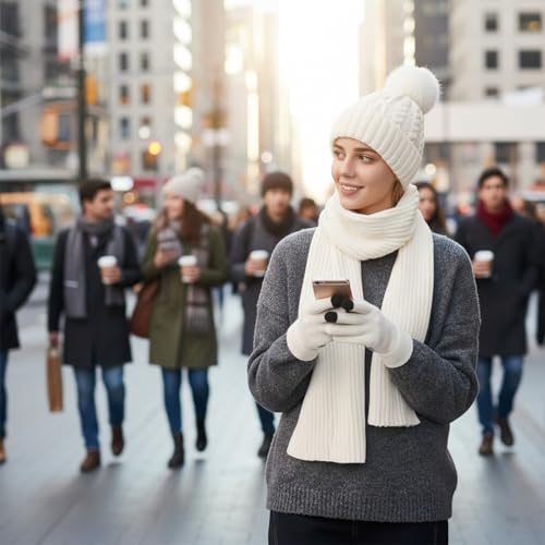 HUAMULAN Women Winter Knit Beanie Hat Circle Scarf Set Pompoms Ear Flaps - color: Cream White With Scarf and Gloves