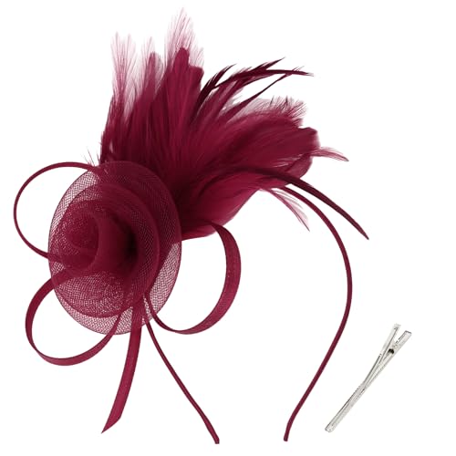 AMCAMI Fascinators Hats with Feather for Women 2026 Derby Hats Small Tea Party Hat with Headband - color: Dark Red