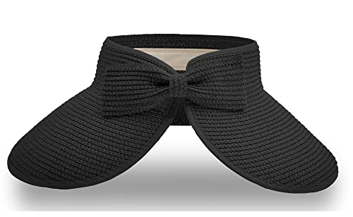 Straw Sun Visor for Women, Wide Brim UPF 50+ Protection Beach Hat, Adjustable, Roll Up Foldable Ponytail Cap with Chin Strap - color: Black