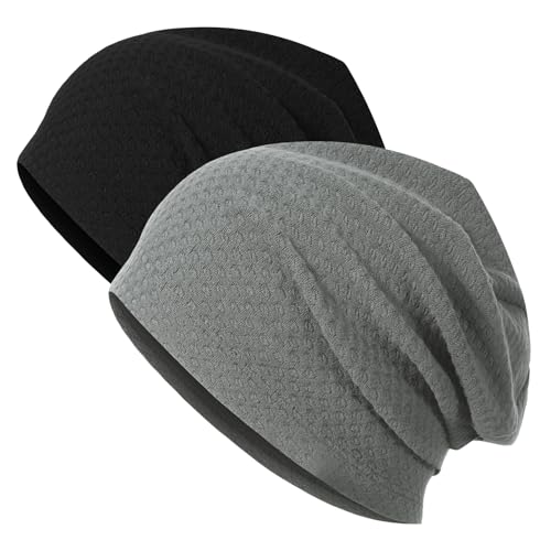 2 Pack Spring Slouchy Beanie for Men Women Lightweight Stacked Skull Cap Chemo Cap Night Sleeping Hat - color: Black+grey