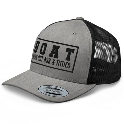 NG Boat Bring Out Ass and Titties Curved Bill Trucker Hat Mid Crown Adjustable Funny Adult Humor Cap - color: Heather/ Black
