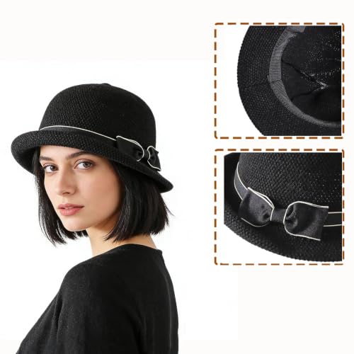 Women Beach Cloche Sun Bucket Hat Rolled Church Hat Folded Shipping - color: Bowknot/Black