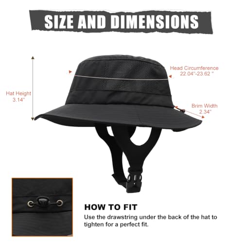 Surblue Surf Bucket Hat with Widened Chin Straps UPF 50+ Windproof Sun Hat Adjustable Packable Cap for Water Sports Surfing - color: Black