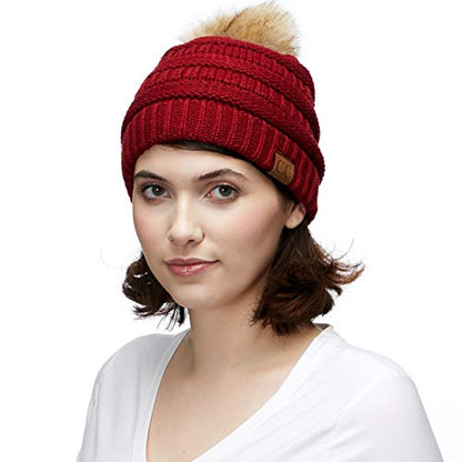C.C Fur Pom Winter Fall Trendy Chunky Stretchy Cable Knit Beanie Hat - color: Solid Burgundy