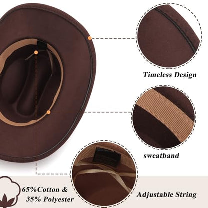 AQOKKA Western Cowboy Hat for Women Men Wide Brim Retro Felt Fedora Cowgirl Hats Classic Unisex Rolled up Caps Outdoor - color: Coffee