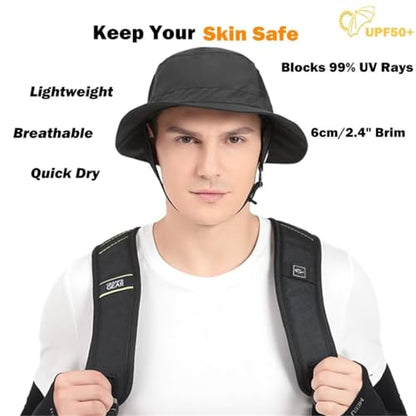 Mens Womens Surf Bucket Hat Waterproof UPF50+ Foldable Beach Sun Hats - color: Black