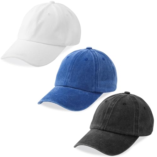 MEINICY 3 Packs Washed-Cotton Plain Baseball Cap, Adjustable Dad Hat - color: Black + White + Royal Blue