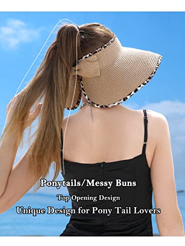 sy soul young Women's Straw Hat with Ponytail Hole Wide Brim Visor Sunhat - color: Khaki With Leopard