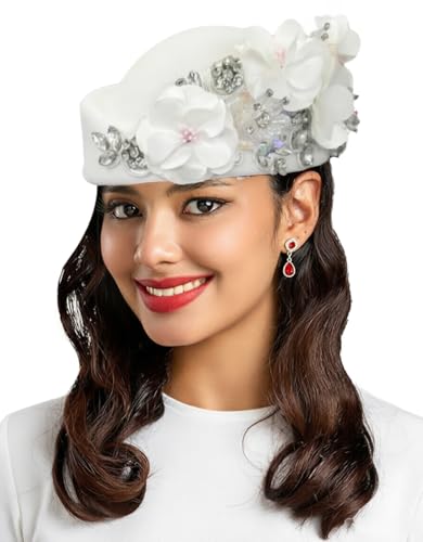 ORIDOOR Women's American and British Felt hat Church Derby Wedding Tea Party Crystal Flower Decoration Beret hat - color: 01-white