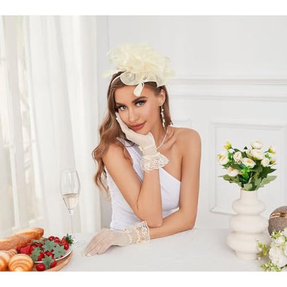 GurZinn Fascinator Hat Veil Feather Fascinator Tea Party Bridal Wedding Veil Pillbox Hat - color: E-beige Hat&glove