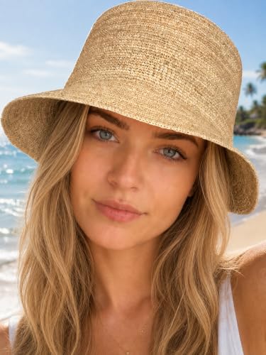 Natural Raffia Straw Bucket Hat for Women Sun Beach Handmade Raffia Woven Bucket Hat Foldable Summer Cap - color: Natural Raffia