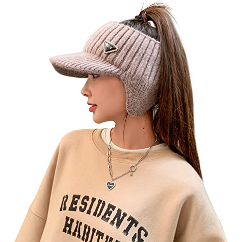 Open Beanie with Earflaps Visor Brim Bun Ponytail Winter Golf Tennis Hats Women - color: Oatmeal