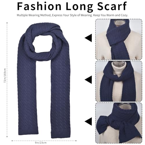 Winter Hat Scarf Gloves Set for Women, Classic Cable Beanie with Removable Pom Pom Long Scarf Touchscreen Gloves 3 in 1 Set - color: Navy Blue