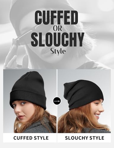 Fleece Lined Wool Beanie Hat Men Women, Warm Cuffed Winter Cap - color: Black