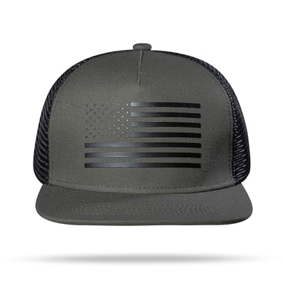 UALON Baseball Cap, Snapback Trucker Hat for Men & Women with American Flag and Adjustable, Breathable Mesh, Flat Bill Hats - color: Olive/Black