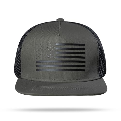 UALON Baseball Cap, Snapback Trucker Hat for Men & Women with American Flag and Adjustable, Breathable Mesh, Flat Bill Hats - color: Olive/Black