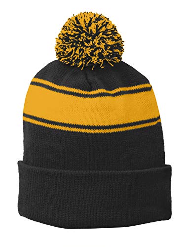 TOP HEADWEAR Unisex Men's Women's Stripe Pom Pom Beanie - color: Black/Gold