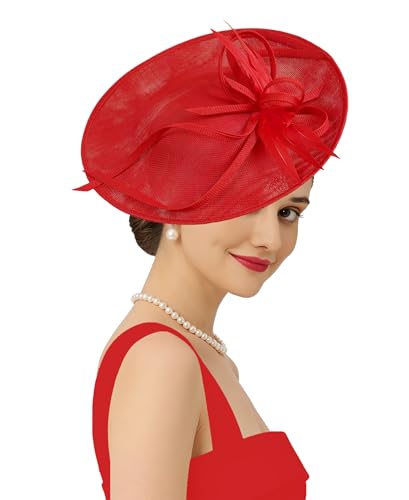 Kidukso Fascinators Hat 20s 50s for Women Derby Hat Vintage Feather Headband for Tea Party Church Wedding Cocktail - color: Red