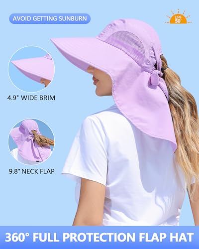 Womens Sun Hat Outdoor UV Protection Wide Brim Fishing Hat with Ponytail Hole Neck Flap for Beach Hiking Camping - color: Sun Hat-purple